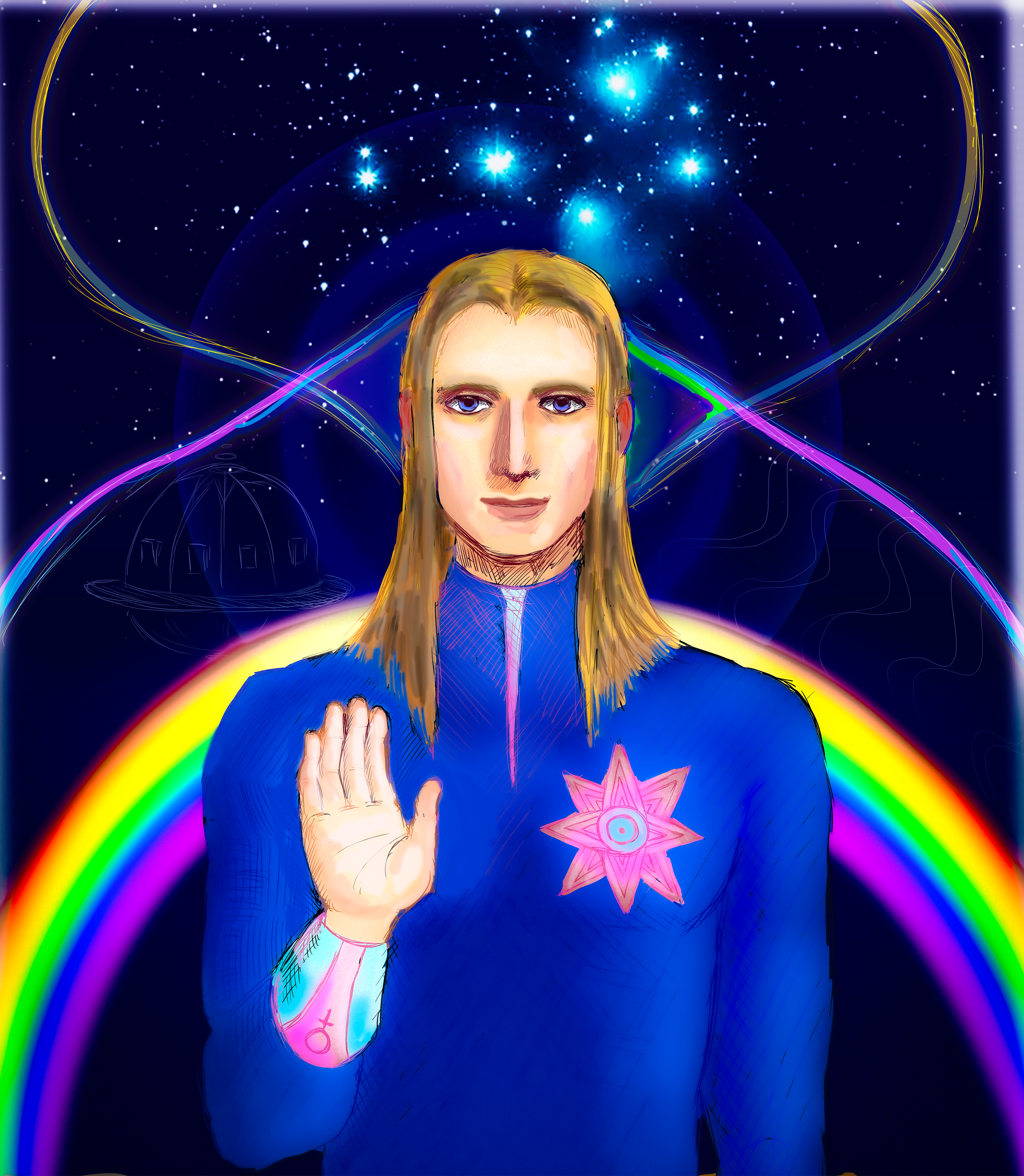 This is a 2024 illustration of alleged extraterrestrial being, Ashtar Sheran. This was painted digitally in Photoshop by Vitaliy Shtapura based on other illustrations of Ashtar. Ashtar is the peaceful Commander of the Pleiadian Star Command, first described by George Van Tassel in 1952. Sheran purportedly was keeping humans safe from the hydrogen bomb and sought to prevent the Earth's destruction from nuclear war.
The art incorporates a few symbols. On the left side of the chest the Star of Ishtar can be seen. This ancient Sumerian symbol represents the ancient Mesopotamian goddess of love, war, fertility, divine law, and political power. Next, his cuff has an upside-down Venus symbol. This represents 'Attar, Ashtar's namesake: an ancient Semitic god, identified with the planet Venus, the morning and evening star.
The inversion of the female symbol and correlation with transgender colors is intentional, representing the transcendental and ascended maleness of Ashtar.
A rainbow is visible, representing both divine joy and peace on Earth.
The star cluster above Ashtar's head is the Pleiades star cluster, a constellation inspiring mystical folklore across nearly all human cultures.
The halos around Ashtar represent the fact that he and his fellow beings are supposedly able to generate energy so powerful it is visible to the human eye.